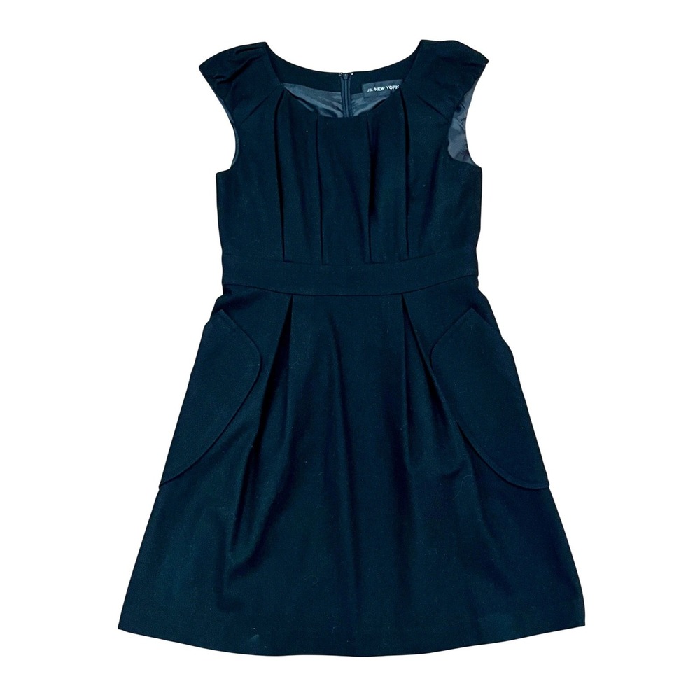 JS New York Black Wool Blend Pleated Fit & Flare Pocket Dress 407WC20 Size 8